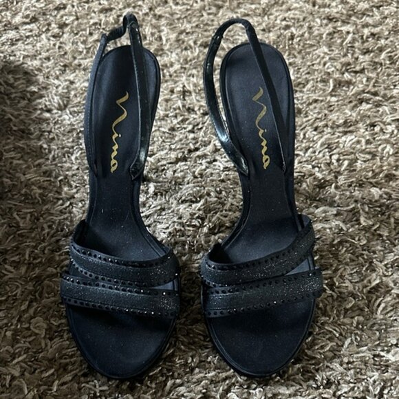 Nina Black Glitter Strappy Heels - Picture 1 of 3